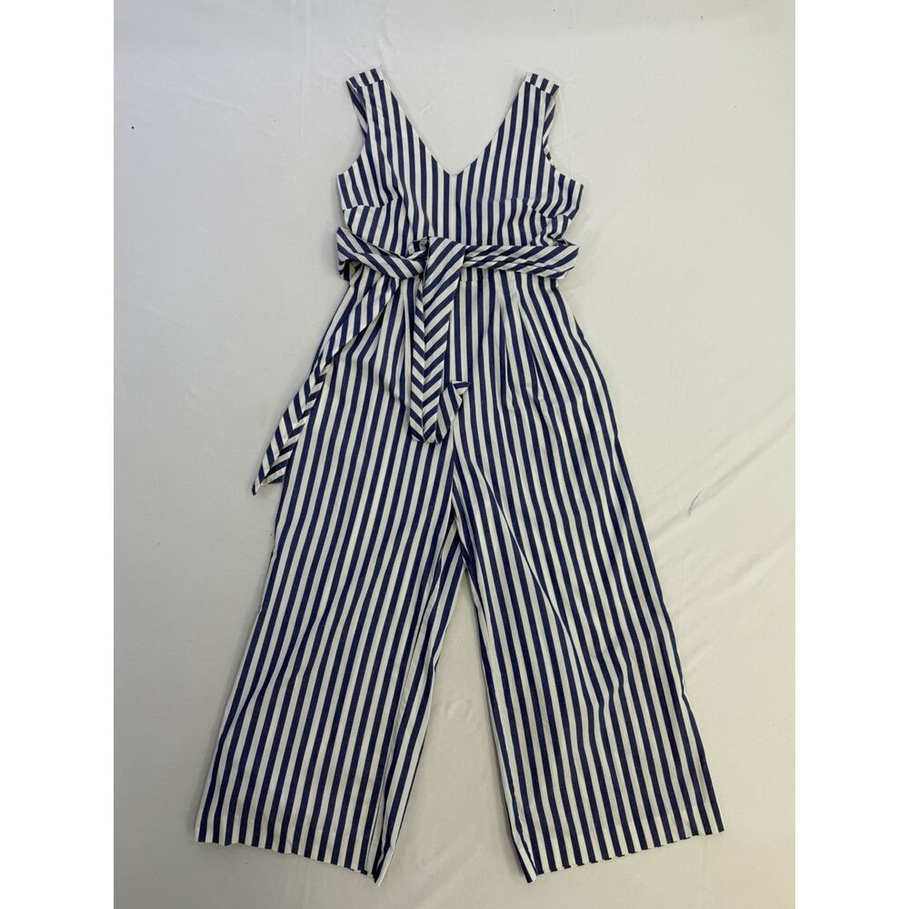 J. Crew Sleeveless Wrap Tie Waist Wide Leg Jumpsuit Blue White Striped Sz 4 EUC - Picture 11 of 16